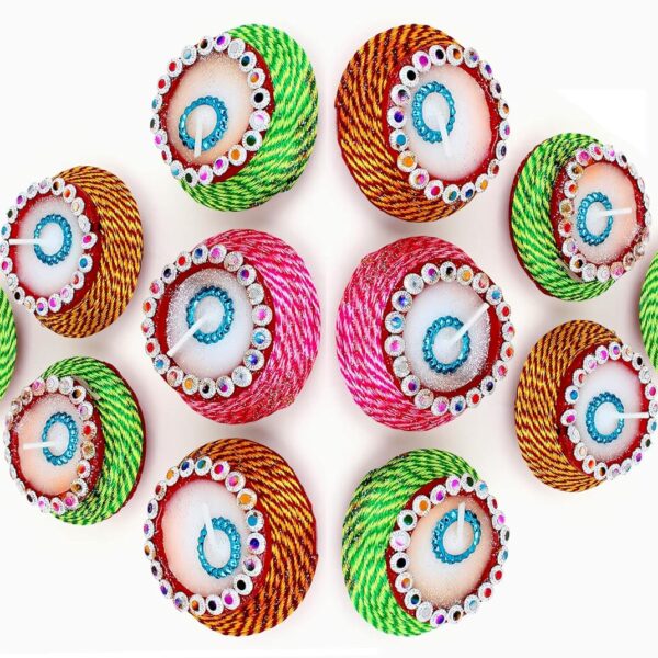 KSI 12 Pieces Eco Friendly Multicolor Wax Diyas for Diwali or Navratri (Durga) Puja | Home or Office Decoration by Handmade Mitti ke Designer & Colorful Diyas which represent our Indian Culture (No any Oil/Ghee required) Candle  (Multicolor, Pack of 12)