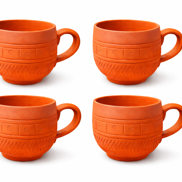 KSI Handmade Terracotta Tea Cup Set with Handle | Natural Clay Kulhad Cups | Eco-Friendly, Non-Toxic & Heat Retaining | Enhances Taste of Tea & Coffee (Set Of 4)