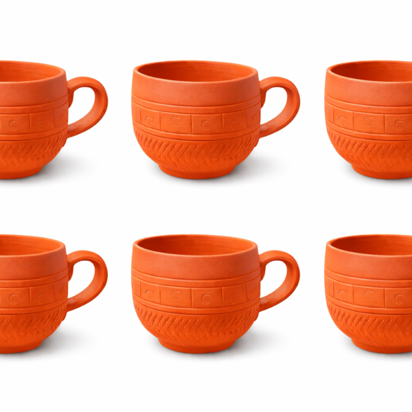 KSI Handmade Terracotta Tea Cup Set with Handle | Natural Clay Kulhad Cups | Eco-Friendly, Non-Toxic & Heat Retaining | Enhances Taste of Tea & Coffee (Set Of 6)