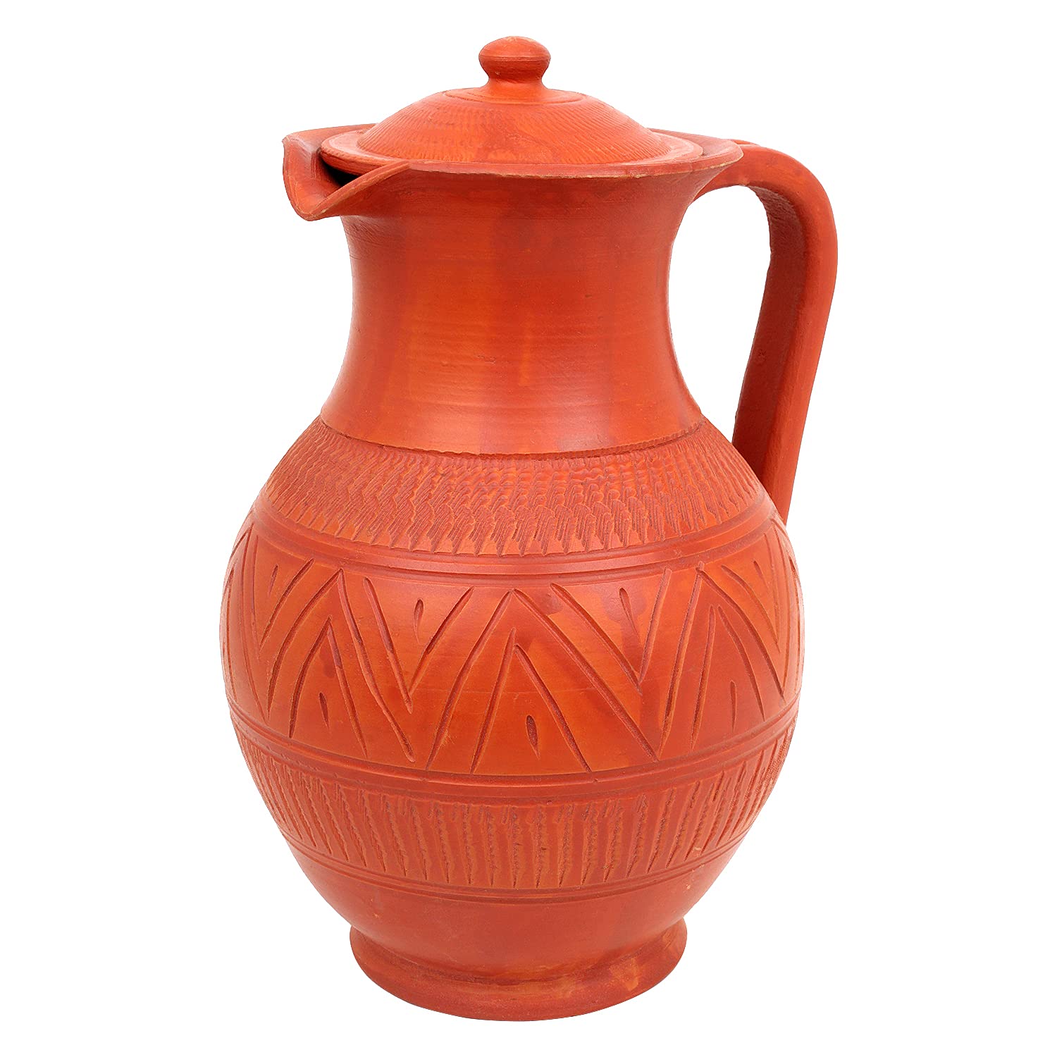 j1.jpg KSI Clay jug | mud Pot | for Drinking Water/Terracotta/Mitti ka jug | with Lid | Natural/Earthen Clay | Handmade Matka/surahi/mitti Ghada with Beautiful Design - 2 liters - Image 1