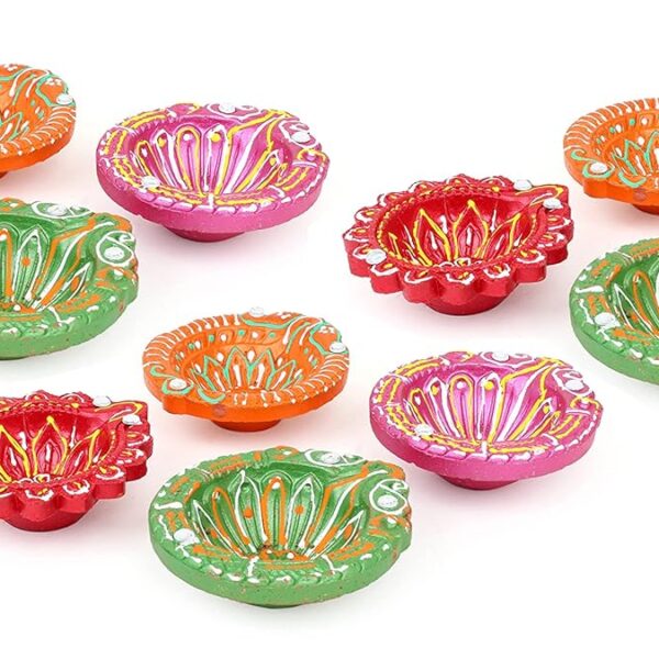 12 Pieces Eco Friendly Multicolor Diyas For Diwali Or Navratri Durga Puja Home Or Office Decoration By Handmade Mitti Ke Designer And Colorful Diyas Which Represent Our Indian Culture