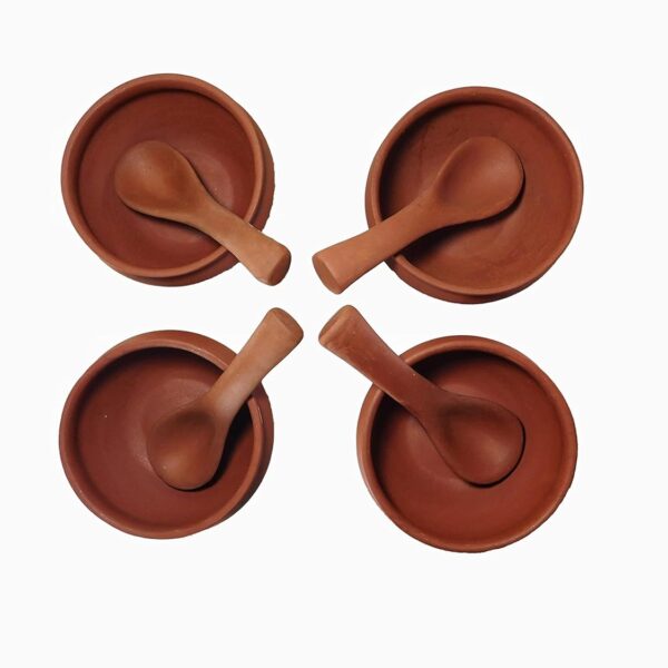 Handmade Terracotta Clay Serving Bowls Katori Spoon For Soup, Dal, Kadhi, Curry 250 Ml, Pack Of 4