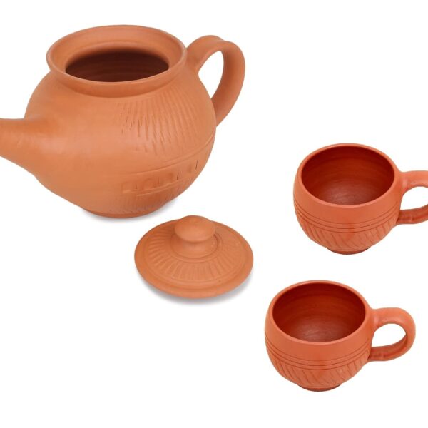 Handcrafted Mitti Clay Tea Kettle With Lid And Tea Coffee Cup Set Handmade Earthen Clay Kulhad Kullar Chai Ke Cup Pack Of 2, Kettle 750 Ml, Cups 115 Ml Each