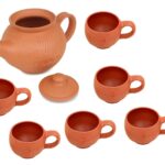 Handcrafted Mitti Clay Tea Kettle With Lid And Tea Cup Coffee Cup Set Handmade Earthen Clay Kulhad Kullar Chai Ke Cup Pack Of 6, Kettle 750 Ml, Cups 115 Ml Each