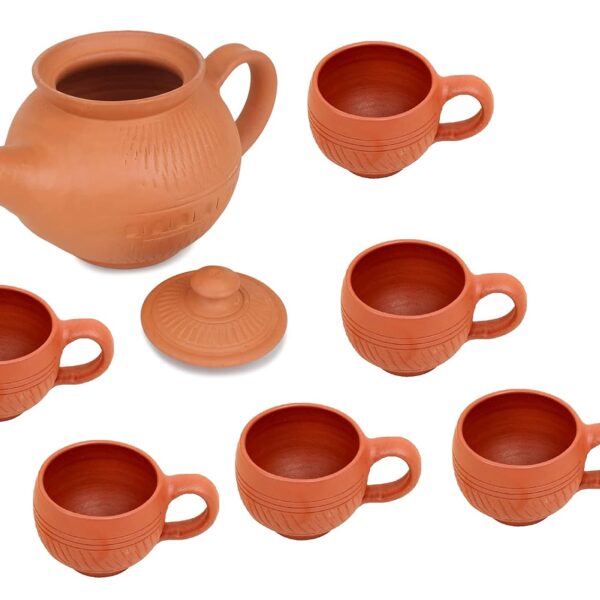 Handcrafted Mitti Clay Tea Kettle With Lid And Tea Cup Coffee Cup Set Handmade Earthen Clay Kulhad Kullar Chai Ke Cup Pack Of 6, Kettle 750 Ml, Cups 115 Ml Each