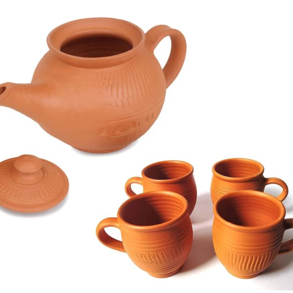 Handcrafted Mitti Clay Tea Kettle With Lid And Tea Cup Coffee Cup Set Handmade Earthen Clay Kulhad Kullar Chai Ke Cup Pack Of 4, Kettle 750 Ml, Cups 115 Ml Each