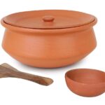 Clay Handi For Cooking And Serving With Lid Serving Bowl Wooden Spatula Combo Pot Terracotta Handmade, Mitti Ke Bartan, Uncoated Pottery Storage Earthen India 2 Litre Lightweight And Plain