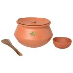Clay Handi For Cooking And Serving With Lid Serving Bowl Wooden Spatula Combo Pot Terracotta Handmade, Mitti Ke Bartan, Uncoated Pottery Storage Earthen India 3.5 Litre Lightweight And Plain