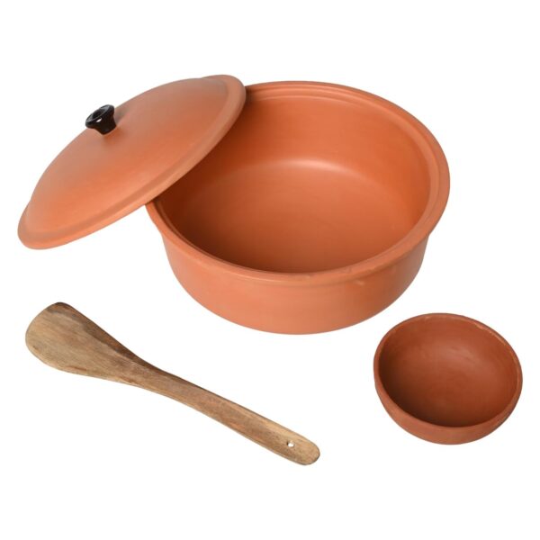 Handmade Ecofriendly Terracotta Indian Kadhai With Lid Pottery Earthen Clay Kadhai For Cooking Bowl And Wooden Spatula Combo 3.25 Litres