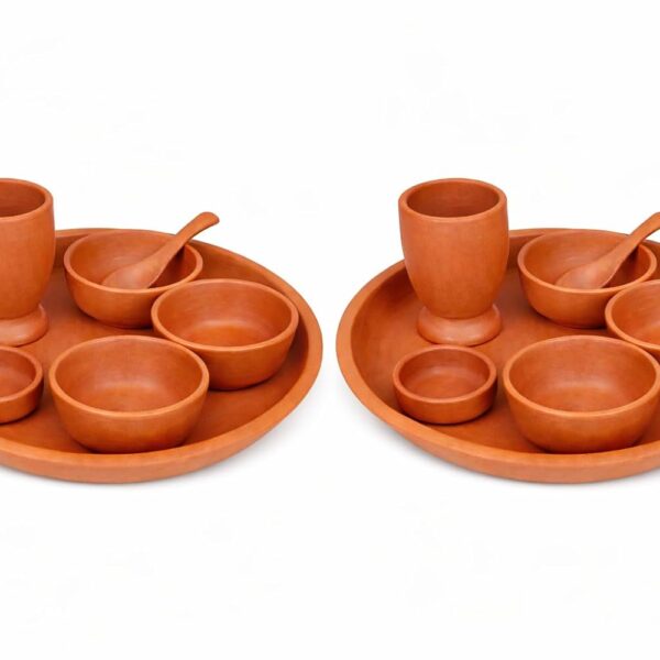 Handmade Terracotta Clay Dinner Set Traditional Mitti Ki Thali With Serving Bowl Pickle Bowl Spoon And Glass Dining Plate Set Of 2