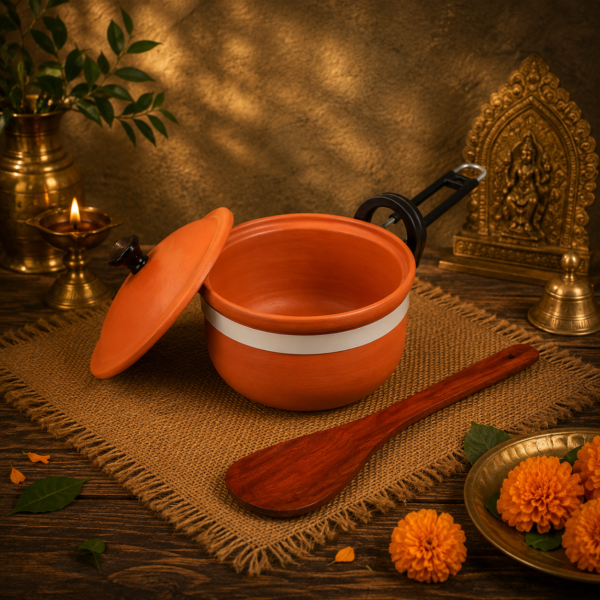 Handmade Terracotta Clay Frying Pan 1.5 Litres With Lid, Ecofriendly Earthen Clay Frying Pan For Cooking And Wooden Palta Spatula, Sustainable Kitchenware