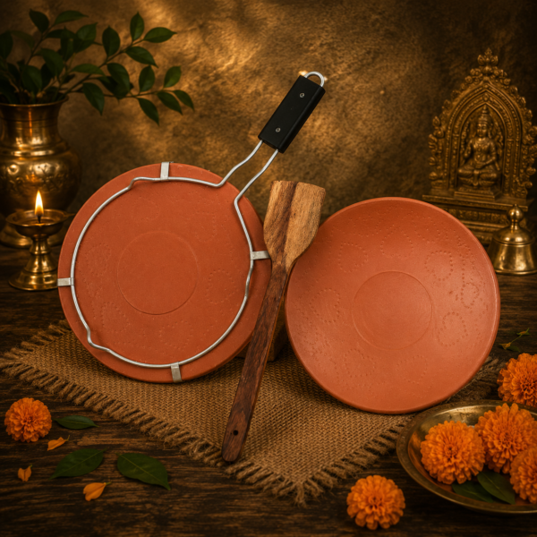 Handmade Earthenware Clay Tawa Combo 1 With Stand And 1 Without Stand Wooden Spatula Included Mitti Tawa For Roti, Paratha, Dudh Pua And Dosa Ecofriendly Terracotta Cookware Indian Clay Tawa