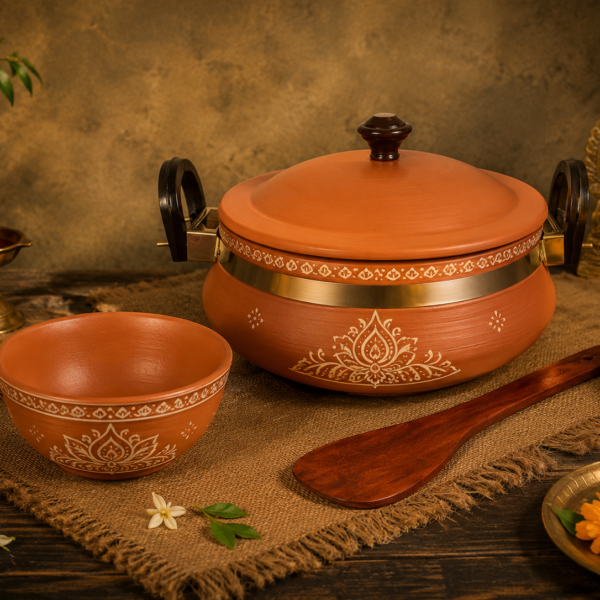 3L Clay Handi For Cooking And Serving With Lid Wooden Spatula And Serving Bowl Combo Terracotta Earthen Pot Uncoated Handmade Mud Mitti Ke Bartan Lightweight Durable For Indian Cooking