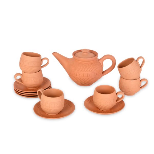 KSI Handmade Terracotta Tea Set | Includes 1 Teapot, 6 Clay Tea Cups with Handle & 6 Plates (Saucers) | Natural Kulhad Set | Eco-Friendly, Non-Toxic & Heat Retaining | Enhances Tea & Coffee Taste