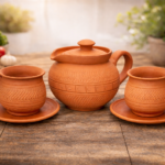 KSI Handmade Terracotta Tea Set with Small Teapot 2 Kulhad Tea Cups with Handle and 2 Plates Natural Clay Eco-Friendly Non-Toxic Heat Retaining Indian Tea Coffee Serveware