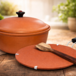 Handmade Earthen Clay Kadhai With Lid, Terracotta Mitti Tawa And Wooden Spatula Combo For Cooking 2.5 Litres