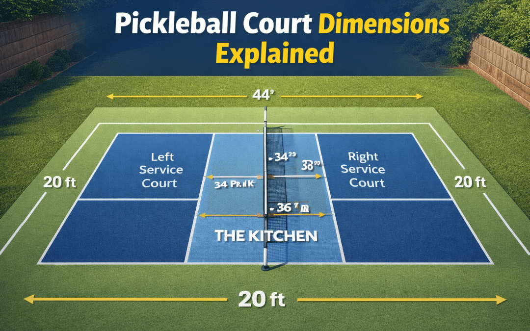 Pickleball court dimensions showing court layout, kitchen zone, net height, and service areas