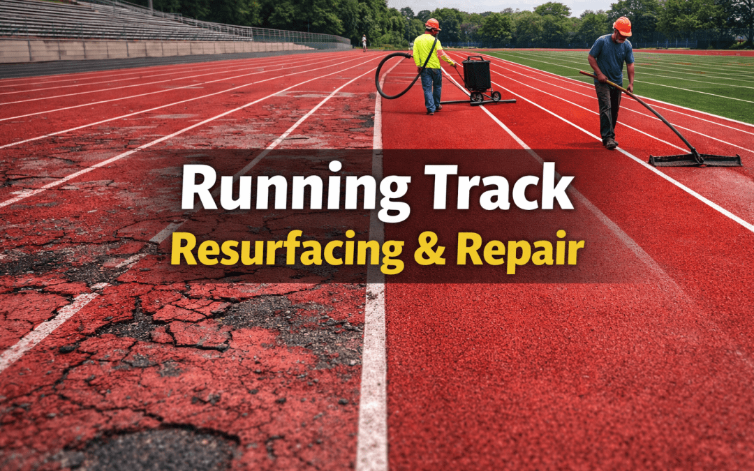 Running track resurfacing and repair showing damaged surface vs newly restored track