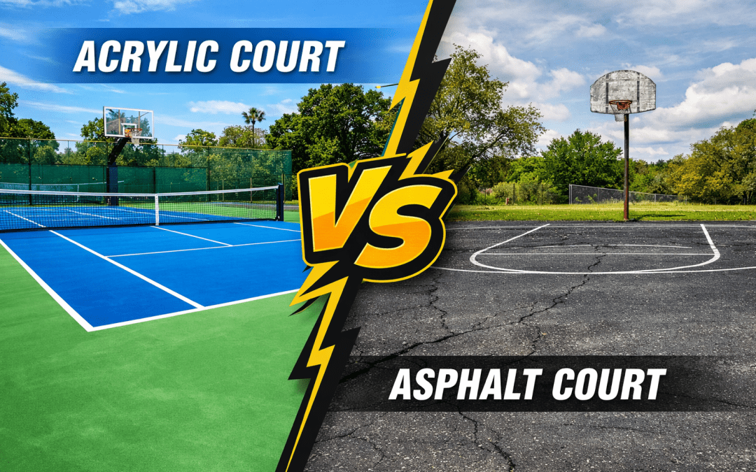 Acrylic vs asphalt courts comparison showing blue acrylic surface and cracked blacktop basketball court