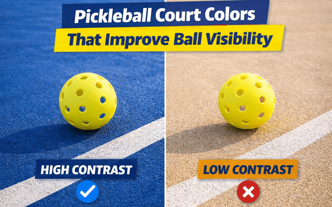 Split-image showing a yellow pickleball on a blue high-contrast court versus a tan low-contrast court to demonstrate how court colors affect ball visibility.