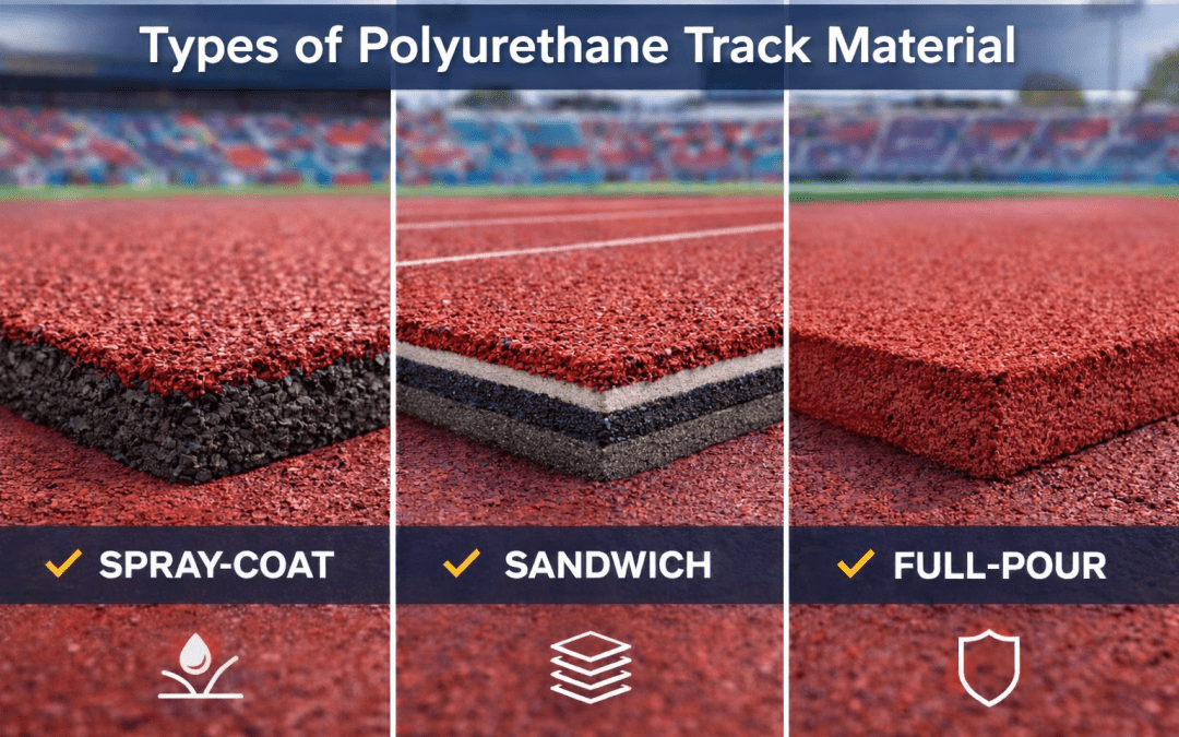 Types of polyurethane track material comparison showing spray-coat, sandwich, and full-pour running track surfaces in a stadium setting.