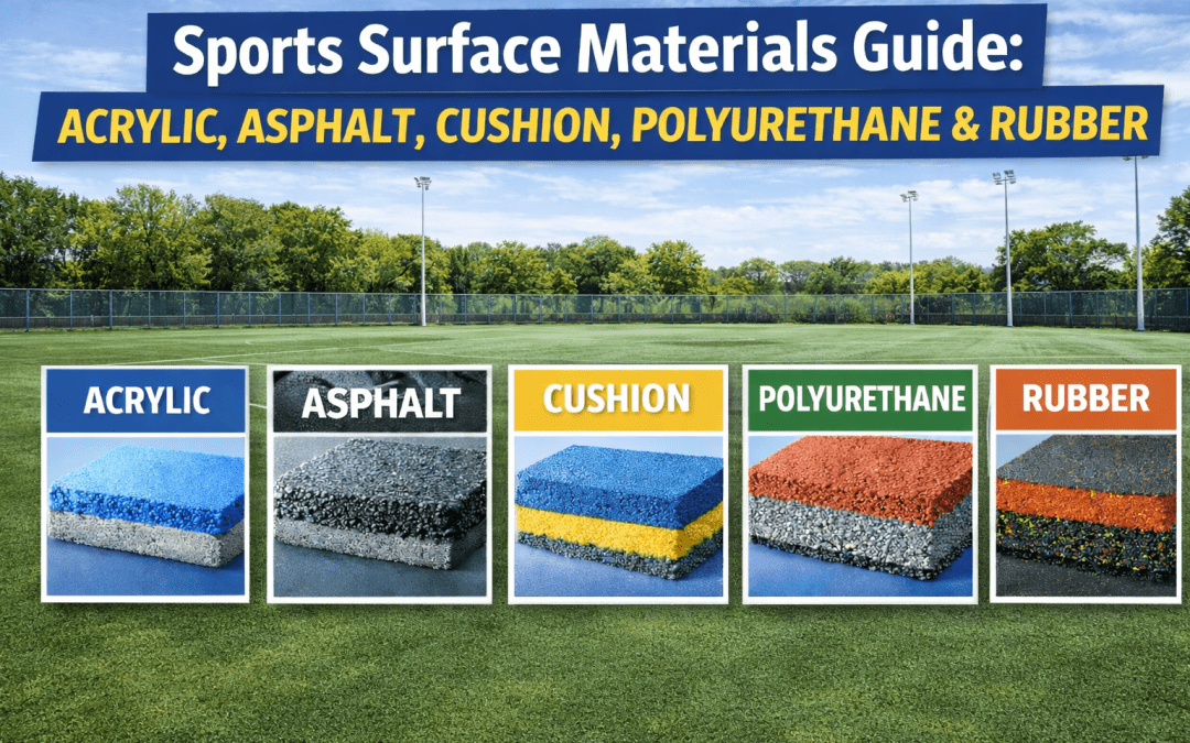 Sports surface materials guide showing acrylic, asphalt, cushion, polyurethane, and rubber systems with 3D layer cross-sections on a sports field background.