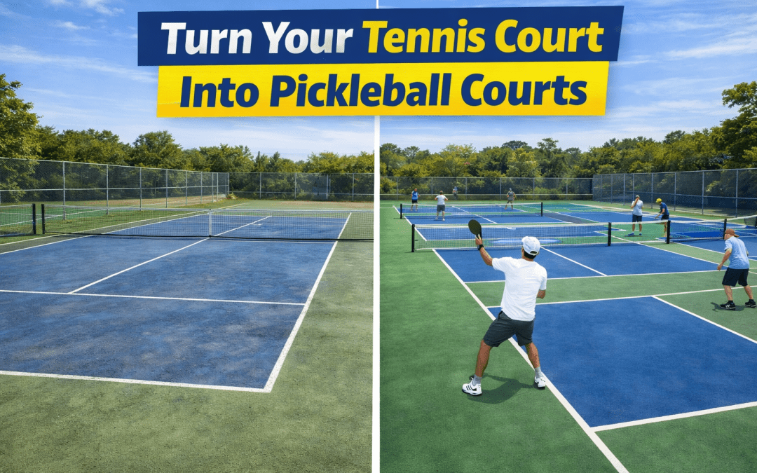 Tennis court transformed into multiple pickleball courts with new line markings and active play