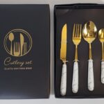 Kitchen Stainless Steel Cutlery White and Gold 4 PCS Set - Stainless Steel - Plastic Handle - Gift Pack