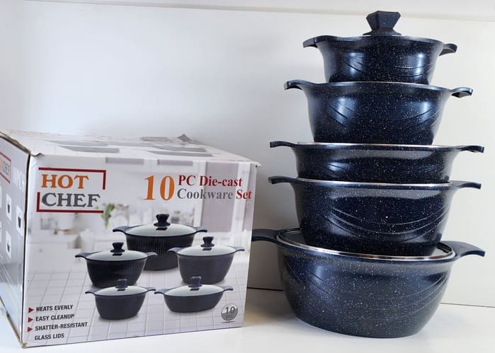 IBmLdyDO91DoBARTCoSKaNm2xXJCeziP0b4YYTrq (1) Hot Chef 10 Pieces Die-Cast Cookware - Non-Stick - Marble Coating - with Glass Lids - Top Quality Cookware - Image 1