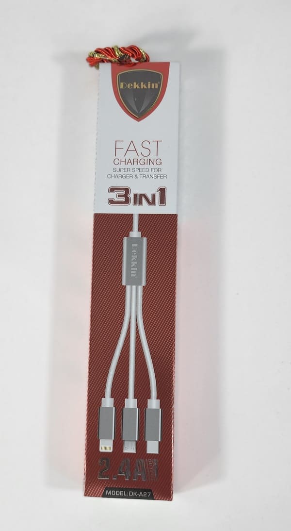 Y78Eb65K8pzaUNX1VaIDcuQBKzV2oaReOWANI5Iz (1) (1) Fast Charging Cable 3 in 1 2.4 A DK-A27 Fast Cahrging Cable - Lightning / Type-C / Micro USB Cable - Image 1