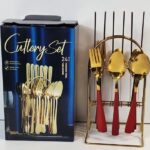 Kitchen Stainless Steel Cutlery Gold and Red 24 PCS Set - Red Painted Top Quality - Elegant Style